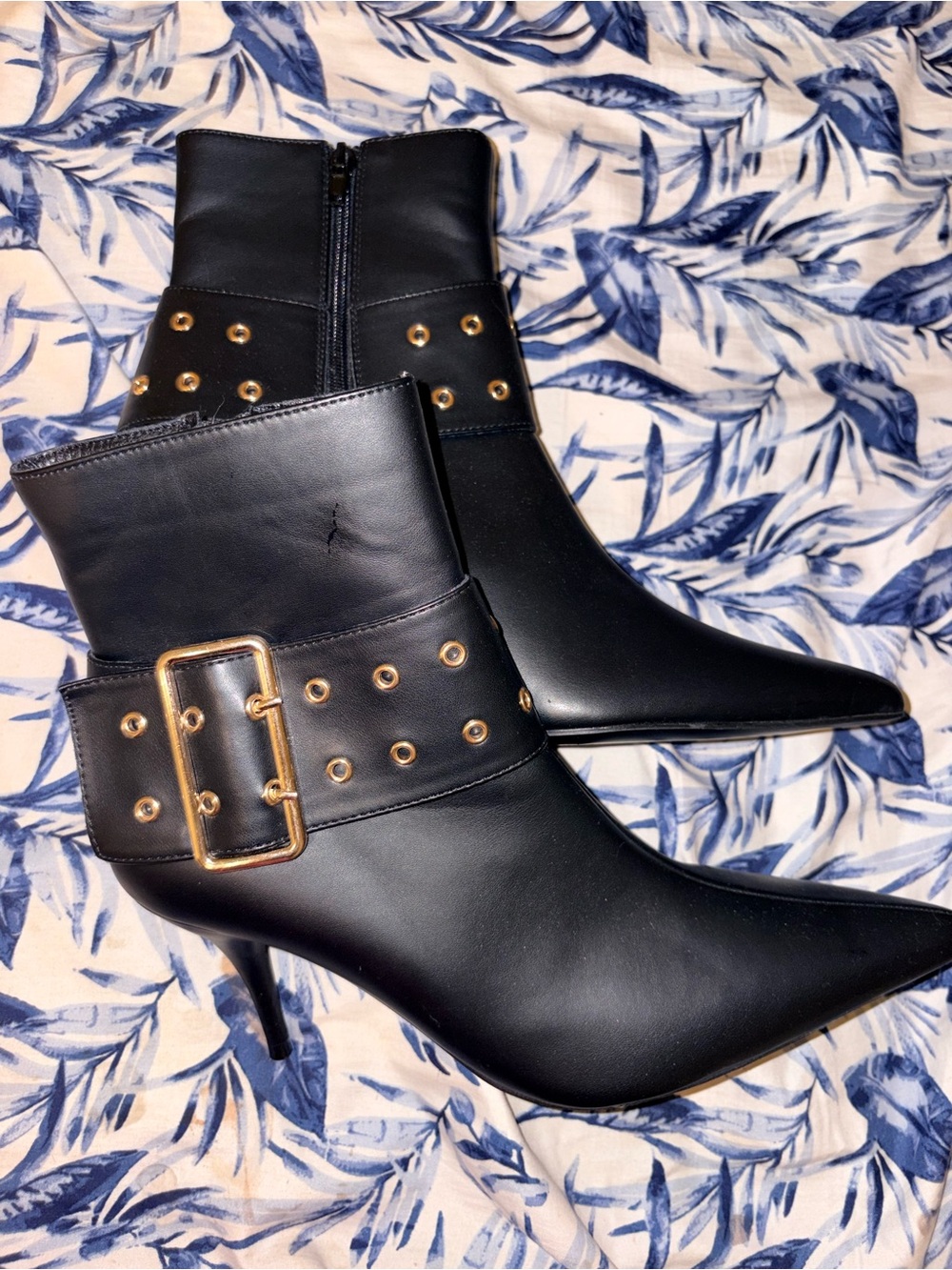 Azalea Wang Black Pointed-Toe Ankle Boots with Gold Buckle Accent New